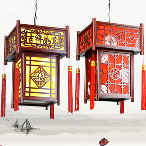 仿古四方木艺小吊灯中式客厅阳台门口走廊过道红灯笼古典寺庙灯具