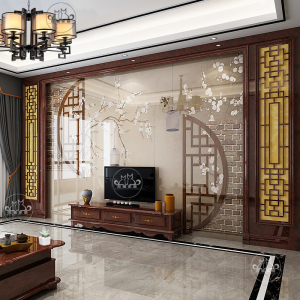 岩板电视背景墙瓷砖客厅新中式大理石边框实木花格中国风影视墙