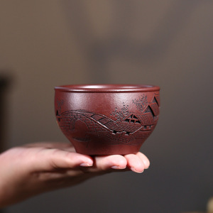 紫砂茶杯陈富才纯全手工镂刻紫泥忆江南主人杯品茗杯