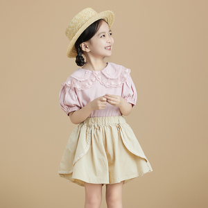 女童夏装两件套纯棉粉色森系新款夏天季小女孩娃娃领短袖裙裤套装