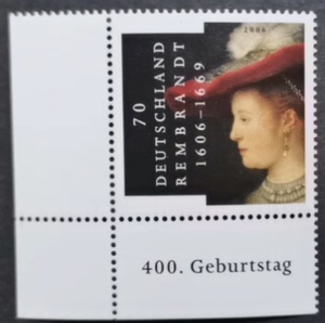 德国邮票 2006年 伦勃朗绘画 未婚妻萨斯基亚肖像 1全新全品带边