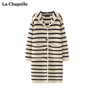 拉夏贝尔/La Chapelle连帽条纹宽松慵懒风加厚长款针织开衫女冬季
