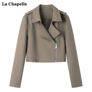 拉夏贝尔/La Chapelle侧拉链翻脸皮衣夹克女宽松显瘦pu外套新款春