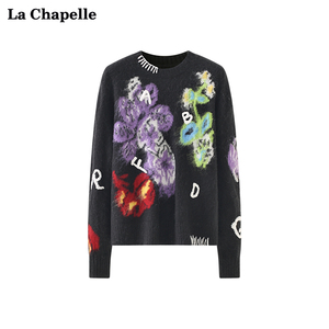 拉夏贝尔/La Chapelle黑色圆领涂鸦花朵字母套头毛衣女小众上衣春