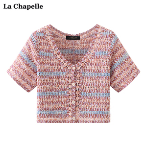 拉夏贝尔/La Chapelle小香风V领针织短袖开衫女复古撞色条纹上衣