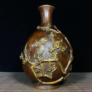 古玩铜器仿古做旧纯铜梅花瓶黄铜花瓶花插浮雕梅花大肚瓶居家装饰