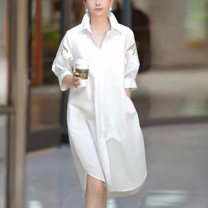 休闲白色短袖衬衫连衣裙女2024夏季新款气质宽松显瘦中长款衬衣裙
