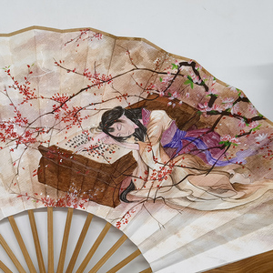 现货桃花染染数 细风贪睡春 手画折扇古风女装绢布扇面可题字流苏