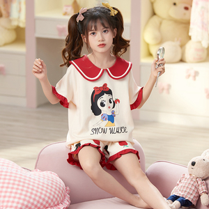 女童睡衣夏季纯棉可爱超萌小女孩洋气娃娃领公主风甜美家居服套装