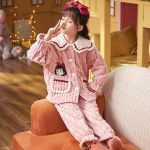 坑条绒冬季女童睡衣珊瑚绒可爱超萌小女孩公主娃娃领秋冬天家居服