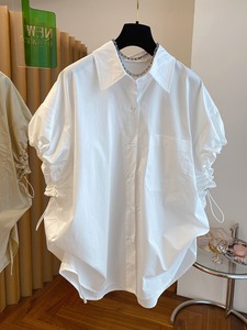 抽绳花苞泡泡袖白色衬衫女设计感夏季宽松休闲气质时髦短袖上衣