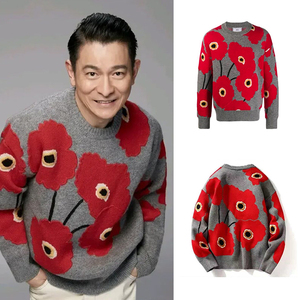 新款ami花朵毛衣刘德华同款套头刺绣羊毛针织衫春秋休闲卫衣男女