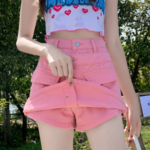 粉色半身裙女小个子夏季设计感高腰排扣A字包臀裙防走光牛仔短裙