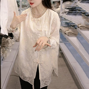 【复古蔷薇】新中式国风盘扣长袖蕾丝衬衫女2024春季中长款上衣潮