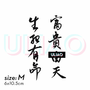 3张 生死有命富贵在天防水持久纹身贴中文男贴字的中国风汉字刺青