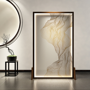 新中式屏风隔断酒店现代抽象定制可移动实木玄关带灯半透明纱座屏