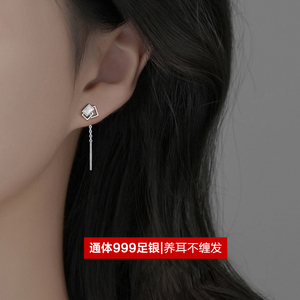 S999足银几何菱形耳线女短款小众设计耳环纯银养耳免摘耳钉耳饰品