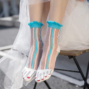 袜子女中筒袜ins潮透明玻璃丝水晶袜夏天薄款夏季学院风五指袜