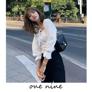 blackpink lisa同款奶白色方领t恤法式绑带复古小清新收腰上衣女