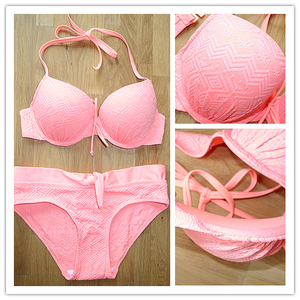 日系超级聚拢钢托增厚上提 美貌流行coral 色小平角比基尼