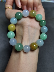 水韵雅伶天然老种翡翠 三彩福禄寿手串 单圈手链