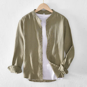 春夏季男装无领纯亚麻长袖衬衫休闲圆领衬衣外套薄款棉麻布上衣服