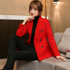 冬季红色羊毛呢西装收腰显瘦厚款西服时尚短款小个子毛呢外套女