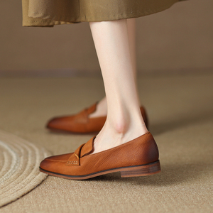 diaoer吊尔 文艺范~!真皮一脚蹬乐福鞋女平底懒人鞋方头深口单鞋