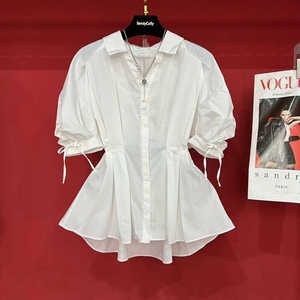 欧货白色衬衫雪纺衫女收腰小衫中长款洋气遮肚子裙摆短袖白色上衣