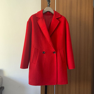 原~韩国时尚宽松廓形双面手缝红色薄款羊毛大衣毛呢外套女
