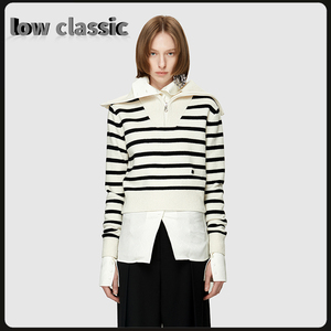 【韩国代购】LOW CLASSIC毛衣女22新款翻领条纹半拉链针织羊毛衫
