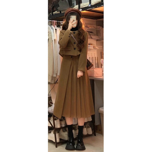 棕色a字百褶裙子套装两件套半身裙女秋冬高腰中长款长裙半裙伞裙