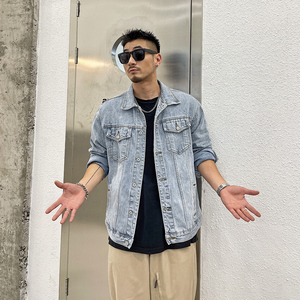 韦口旗舰店天猫男士春秋牛仔外套男宽松韩版潮流日系百搭浅色夹克