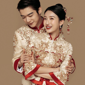 金色秀禾服男女套装新娘2022新款夏季薄款结婚中式礼服秀和服情侣
