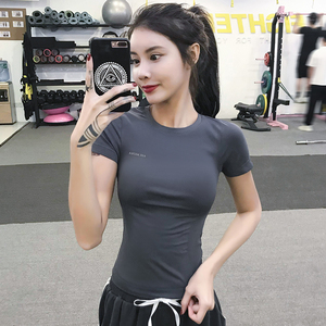 lulu健身房女夏季灰色短袖透气运动t恤训练款跑步紧身瑜伽服上衣