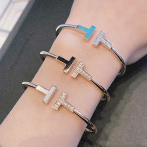 000人付款淘宝tiffany/蒂芙尼双t系列镶钻开口无钻手环女18k玫瑰金白