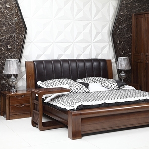 新中式纯实木床厚重原木真皮床主卧大床加宽2米2.2米2.4储物双人