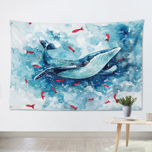 手绘鲸鱼ins风北欧墙壁装饰品墙上挂件宿舍家居饰挂毯挂布背景布