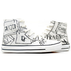 文艺成熟素描学院风手绘板鞋旅行的记忆英伦高帮帆布鞋男彩绘鞋子