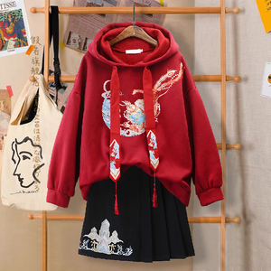 新年衣服套装少女本命年拜年服复古国潮风加绒卫衣唐装汉服冬新款