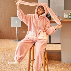 珊瑚绒连体睡衣女秋冬季长袖2022年新款加厚加绒兔子法兰绒家居服