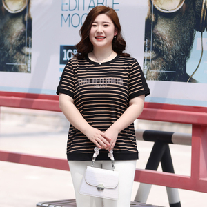 大码胖mm夏装条纹t恤女加肥加大200斤女装胖妈妈洋气减龄纯棉上衣