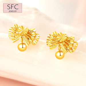 18k金蝴蝶结耳钉女款轻奢吊珠彩金耳饰转运珠甜美气质黄金750耳环