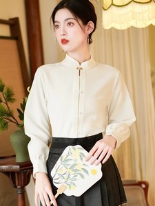 新中式国风立领衬衫女日常通勤长袖白衬衣改良马面裙上衣秋冬加绒