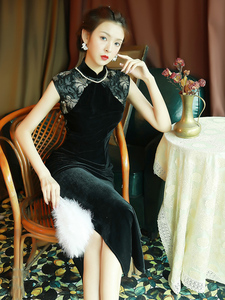 黑色丝绒旗袍2022年新款性感时尚长款显瘦复古中国风改良连衣裙女