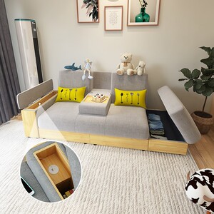 曲美家具简约小户型客厅抽屉储物可收纳多功能三人布艺沙发床两用