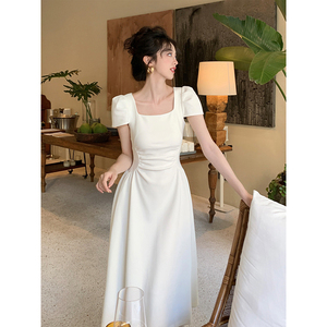 白色短袖连衣裙子女夏季茶歇法式小个子高级感收腰显瘦小白裙长裙