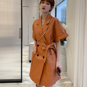 2022早春海新款半袖五分中袖绵羊皮宽松风衣真皮皮衣女中长款外套