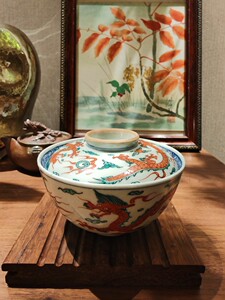 日本九谷烧九谷寿乐斗笠碗盖碗内青花福字外釉底双龙斗彩碗身开片