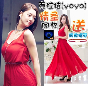 【情圣】克拉拉/clara/李成敏/yoyo同款v领红色雪纺连衣裙长裙子
